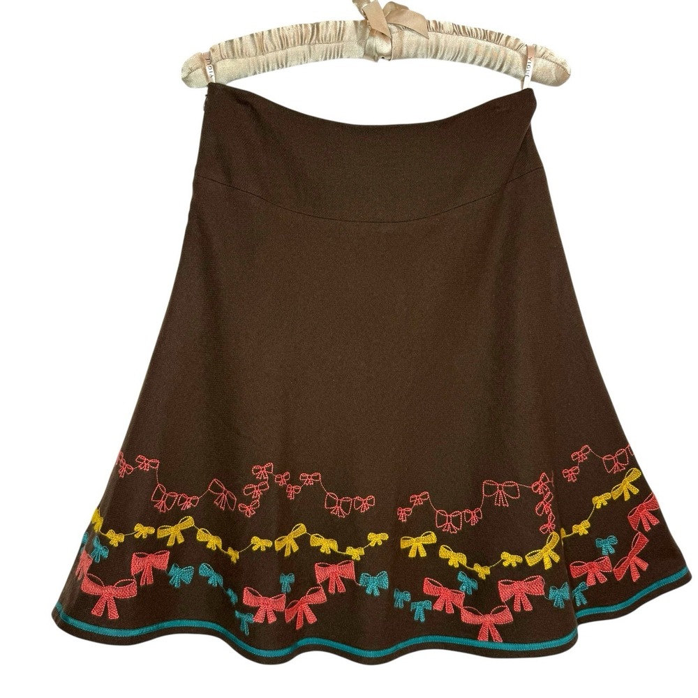Retro Wool Embroidered Bow Skirt M A-Line Midi‎ Lined Vintage Cottagecore Brown